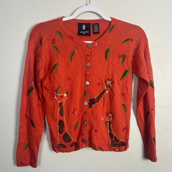 Michael Simon Girls orange girafee button front cardigan size 7/8 vintage bead - Picture 1 of 8
